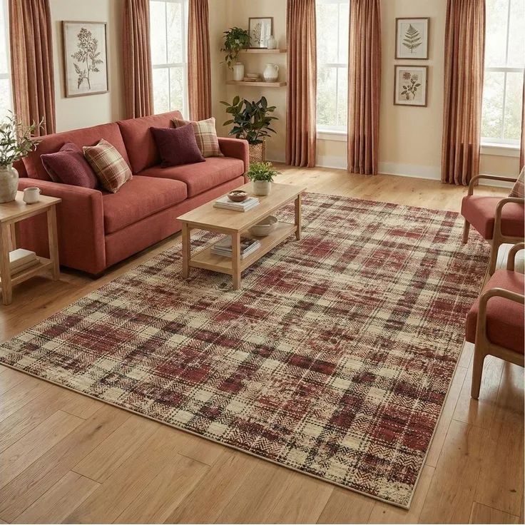 GarveeMore Teppich KaroPatina, rechteckig, Höhe: 5 mm, Stil erinnert an klassischen Tartan mit modernem Used-Print