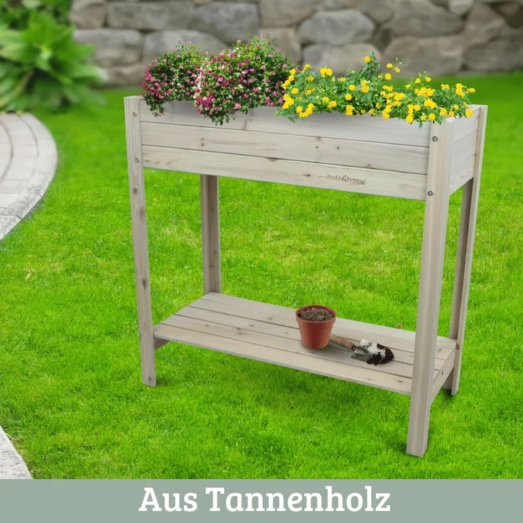 Hochbeet Balkon Holz KLEO - Inkl. Vlies & Handschuhe | Pflanzkasten hoch Blumenkasten aus Tannenholz Kräuterbeet Wetterfest, Grauweiß – Bild 3