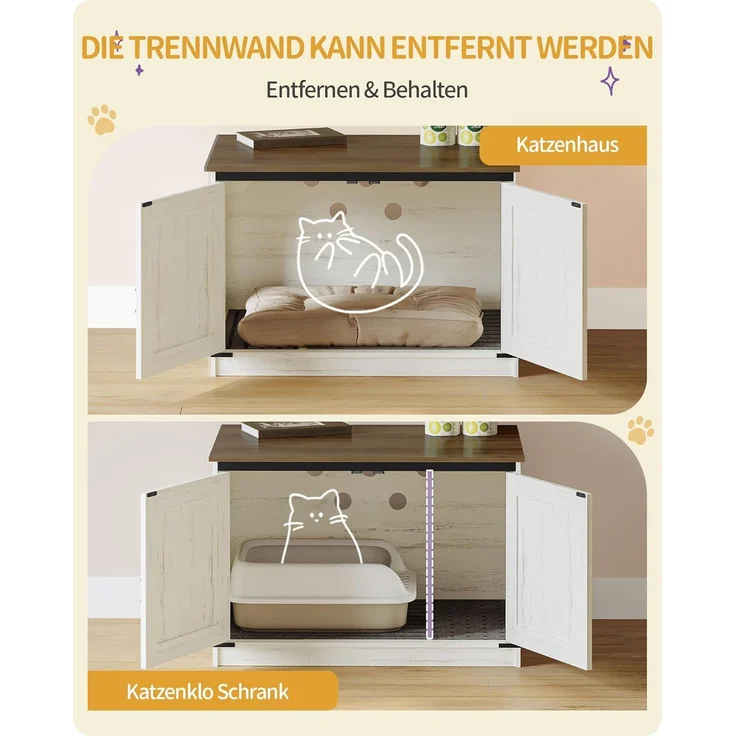 Katzenklo Schrank, Katzenschrank, Katzentoilette mit Herausnehmbarer Trennwand, Katzenhaus, Umkehrbarer Eingang Links oder Rechts, als Sideboard, 80 x 50 x 54 cm, Vintagebraun-Weiß – Bild 5