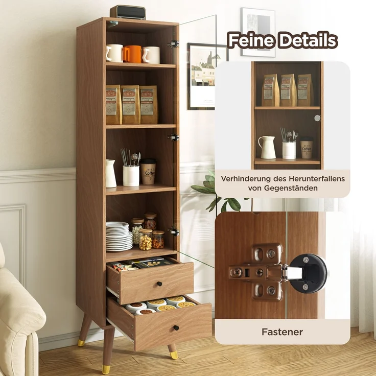 Vitrinenschrank aus MDF in Holzoptik mit Glastür, 3 höhenverstellbaren Einlegeböden und 2 Schubladen,H 160 x T 39.8 x B 35 cm – Bild 9