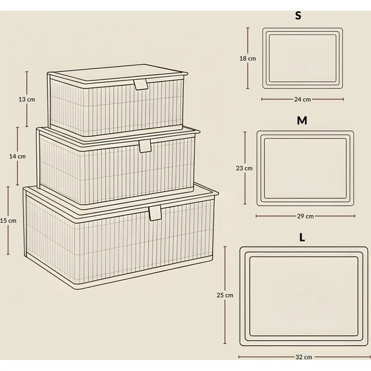 BOXIMO Aufbewahrungsbox Verschließbare Körbe in drei Größen TILVA, 3er-Set (Set, 3-teiliges Set (3 Boxen mit Deckel), Bambusmaterial, faltbar, rechteckig, mit Deckel, für Haushalt – Bild 2
