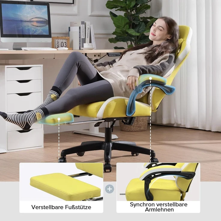 GTPLAYER Gaming Stuhl Ergonomischer Gaming Sessel Schreibtischstuhl Kunstleder, Federsitzkissen, Verbindungsarmlehnen und Fußstütze 150KG, gelb – Bild 5