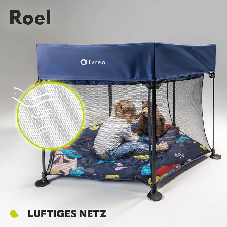 LIONELO Roel Laufstall Baby bis zu 15 kg, Großformat 135x85 cm, sechseckige Form, LockGuard Faltschloss, verstärkte Basis, rutschfeste Fußkappen, Schutztasche – Bild 6