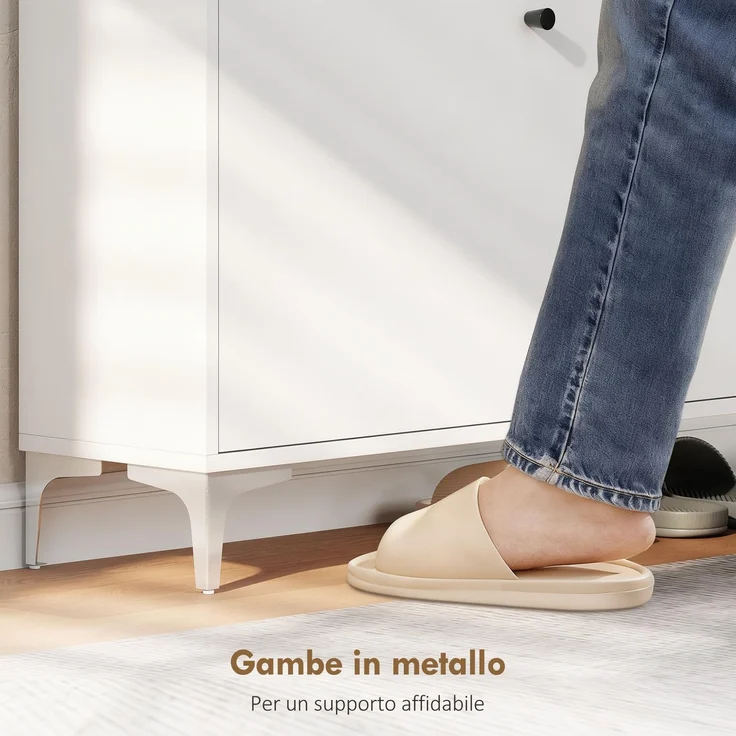 Mobiler Schuhschrank „Slim“ mit 2 Klappschubladen und verstellbaren Einlegeböden, aus Holz und Metall, 80 x 24 x 101 cm, Weiß – Bild 9