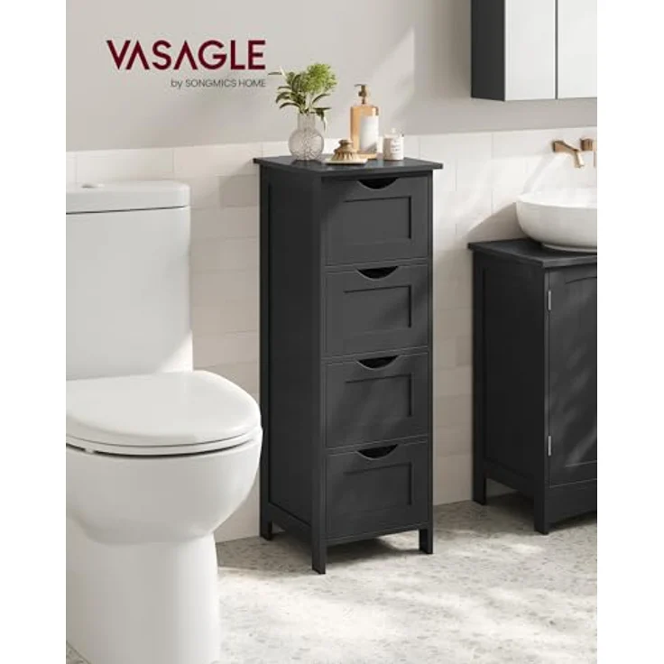 VASAGLE Badezimmerschrank, Badschrank, Beistellschrank mit 4 Schubladen, 30 x 30 x 82 cm, für Badezimmer, Wohnzimmer, Esszimmer, Küche, modern, tintenschwarz LHC040B01 – Bild 5
