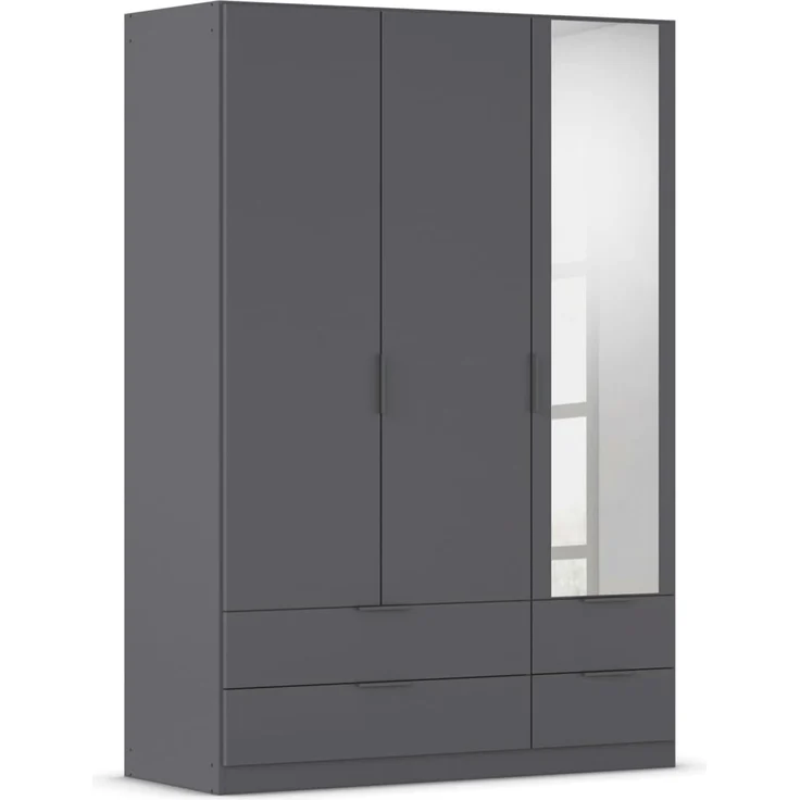 Rauch Möbel Lagoa, Kleiderschrank, Garderobe für Schlafzimmer, Kinderzimmer, Jugendzimmer 3-türig mit Spiegel, 4 Schubladen, mit Zubehör Classic, Farbe Grau metallic, Schwarz, Breite 136 – Bild 1