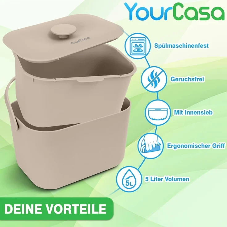 YourCasa Biomülleimer Küche 5L - Komposteimer Küche mit Sieb Spülmaschinenfest, Fassungsvermögen 5L, Spülmaschinenfest – Bild 8