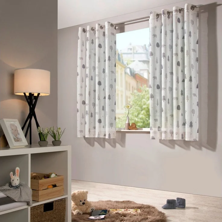 heimtexland Vorhang Kindergardine Skandi-Stil Dekoschal Wald Bär Grau (1 St), Ösen, halbtransparent, Polyester, Leinenoptik I Natur I Ösenschal I Kinderzimmer I Vorhang – Bild 5