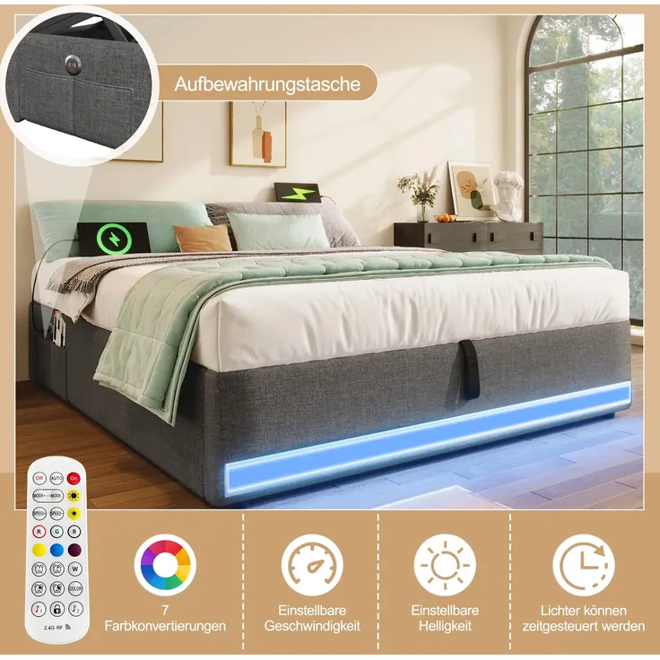 Futonbett mit LED-Beleuchtung, Aufbewahrung und Mehrfachsteckdose, 140x200 cm, Doppelbett ohne Kopfteil, Leinen – Bild 4