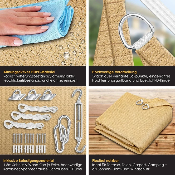 KESSER® Sonnensegel Sonnenschutz Windschutz Inkl. Befestigungsmaterial mit Ösen| HDPE Gewebe | wasserabweisend & windabweisend | Dreieck 2.5 x 2.5 x 3.5 m | Schattenspender Garten Balkon Terrasse – Bild 3