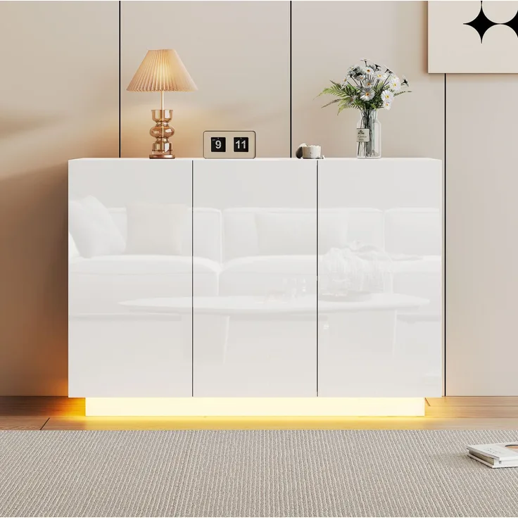 DESVIAE Sideboard mit LED-Beleuchtung und 3 Türen, 120x75x40 cm, Spanplatte, Weiß