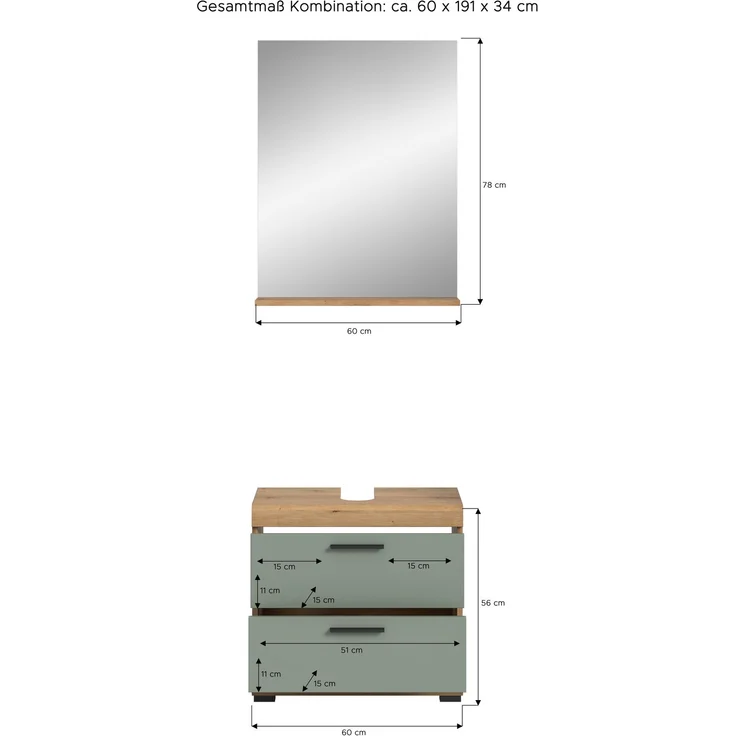 Xonox Scout Badkombination (B/H/T: 60x191x34 cm) in Salbei und Artisan Eiche Nachbildung – Bild 4