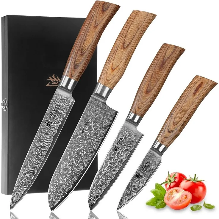 Wakoli Messer-Set Edib Pro 4 Damastmesser I Kochmesser Küchenmesser I 8-17cm Klingen (Damastmesser mit Geschenkbox, 4-tlg, 4er Damastmesser-Set mit Holzbox), 67 Lagen Damaststahl, VG-10 Stahlkern