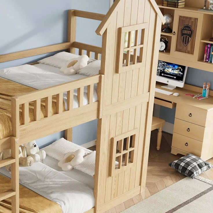 Etagenbett mit Rausfallschutz, Trittleiter und Lattenrost, 90x200 cm, Kinderbett, Kiefer – Bild 4