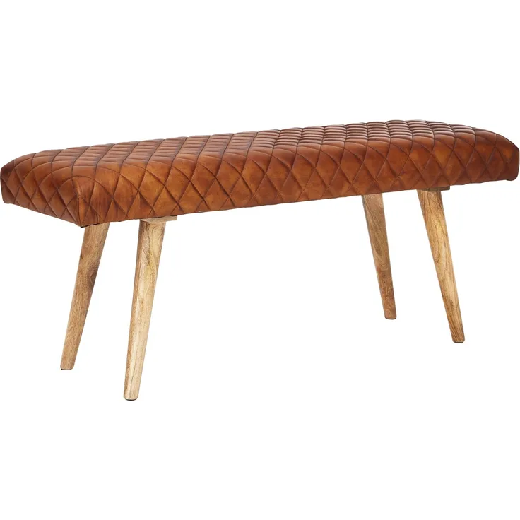 Wohnling Sitzbank Echtleder / Massivholz Bank 115 x 53 x 38 cm | 2er Polsterbank Flur Esszimmer Braun | Kleine Bettbank Leder | Dielenmöbel Flurbank