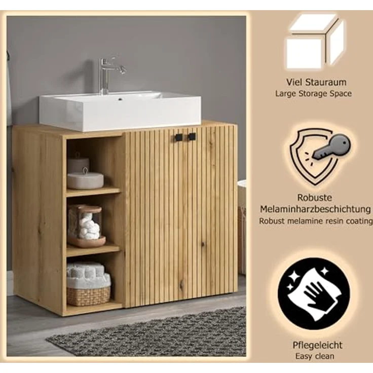 trendteam smart living - PureBliss - Hochschrank - Eiche - Breiter Badezimmerschrank mit Rillenoptik - (BxHxT) 70 x 186 x 31 cm - Badschrank mit edlen Metallgriffen - Praktisches offenes Fach – Bild 11
