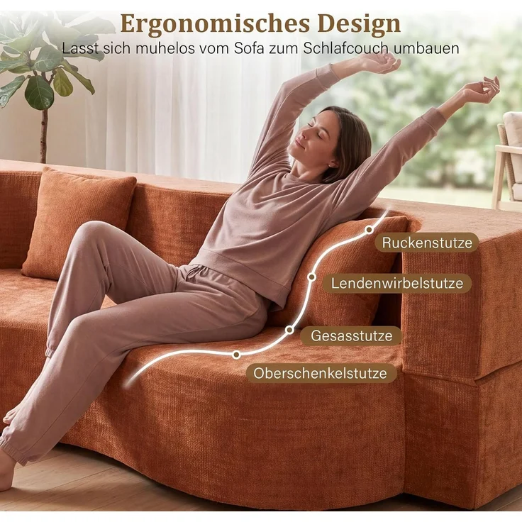 Aoxun Faltbares 3-Sitzer Gästebett & Schlafsofa, 200 cm breites XXL Bett in Orange – Bequeme Klappcouch für Wohnzimmer, Schlafzimmer als Lounge oder Gästebett,Orange – Bild 7