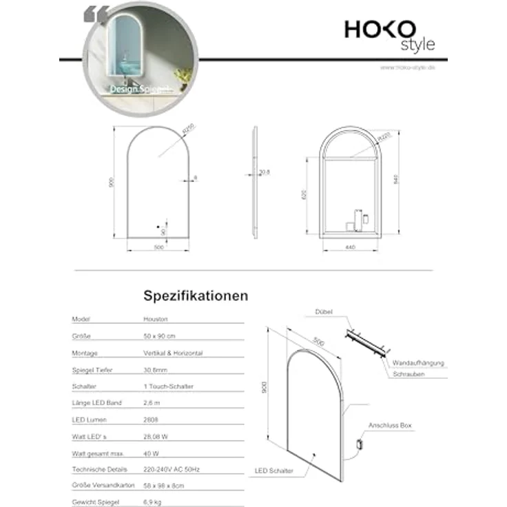 HOKO Badspiegel mit Beleuchtung, LED Wandspiegel 50x90 cm / 60x100 cm, IP44, Schwarz/Gold/Weiß, dimmbar mit Touch-Sensor und Memory-Funktion, hoch- und quer montierbar – Bild 8