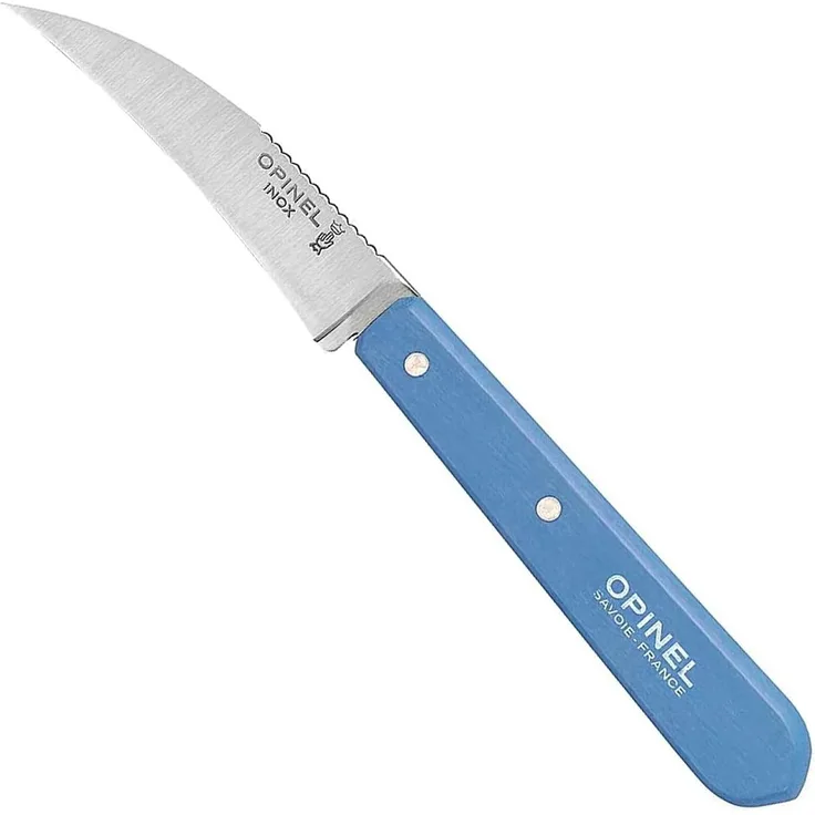 Opinel Erwachsene Gemüsemesser No. 114, rostfreier Sandvik-Stahl, gebogen, hellblauer Buchenholzgriff Messer, Mehrfarbig, One Size