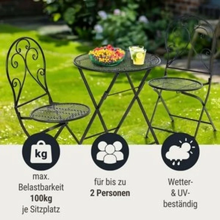 Wohnando Garten-Essgruppe Sitzmöbel Garten, kleines Bistroset "Core", schwarz, Balkonmöbel, (3-tlg), aus Metall 2 Stühle und 1 Tisch, verschnörkeltes, romantisches Design – Bild 6