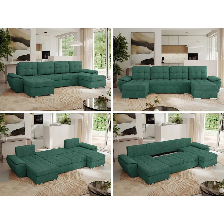 U-förmiges Ecksofa mit Schlaffunktion, genähter Sitz, zwei Armlehnen und losen Kissen - UMBRIA U - Grün Stoff – Bild 2