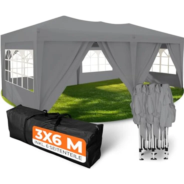 Kronenburg Faltpavillon wasserdicht Pavillon mit 6 Seitenteilen, Gartenzelt, 3x6 m - mit UV Schutz 50+, Grau – Bild 2