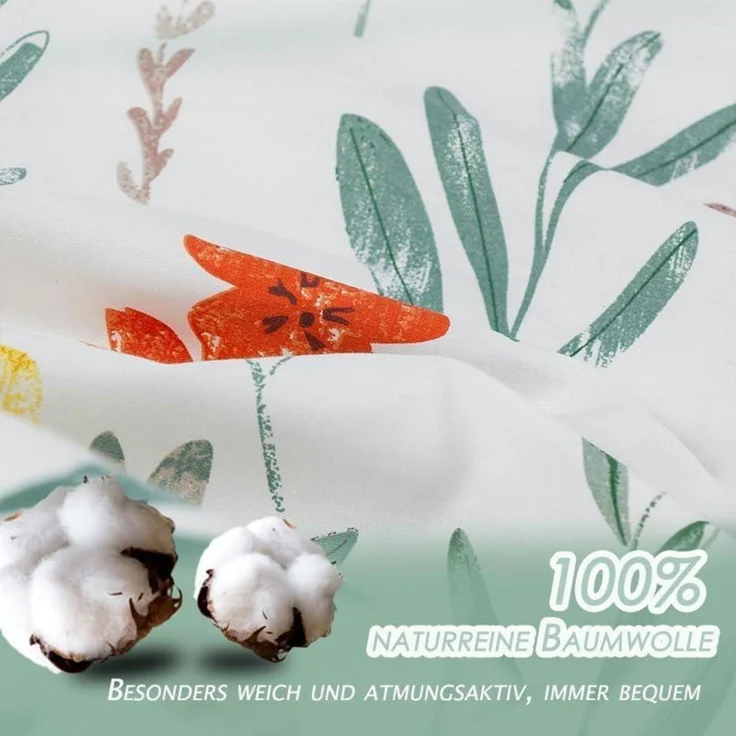 Blumen Bettwäsche 135x200 Baumwolle Reißverschluss 80x80 Kissenbezug Weiß Grün – Bild 2