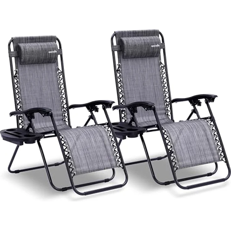 SereneLife Liegestuhl Klappbar, Relaxliege 2er Set Grau als Gartenmöbel zum Relaxen & Liegen, Sonnenstuhl für Balkon, Garten, Terrasse & Camping mit Seitentisch, Kopfkissen & Getränkehalter – Bild 2