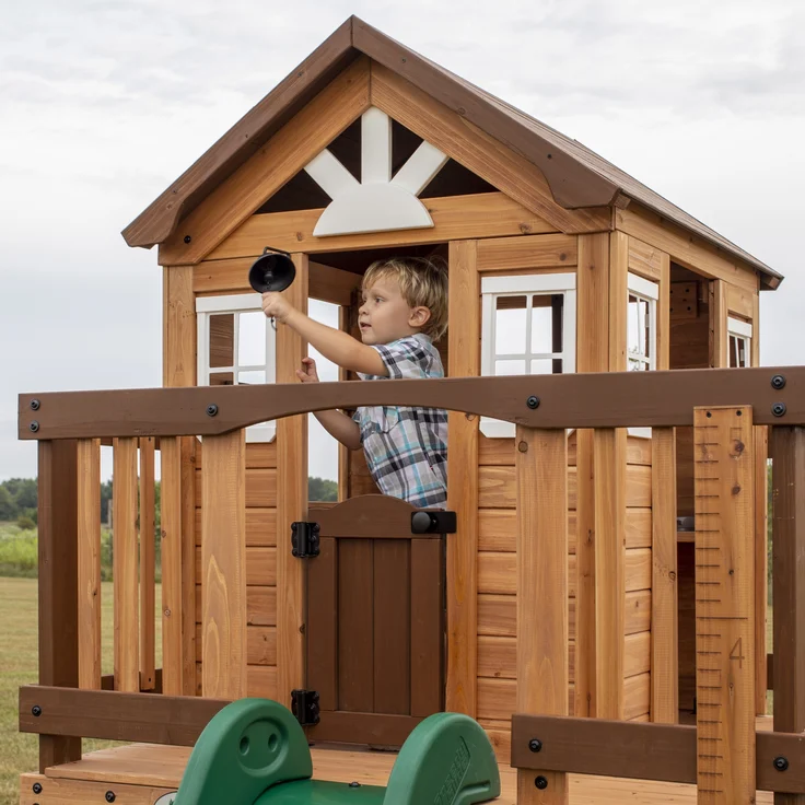 Backyard Discovery Spielhaus Echo Heights mit grüner Rutsche, Sandkasten & Veranda Stelzenhaus in Braun aus Holz für Kinder | Braun, grün | Holz | 310 cm – Bild 4