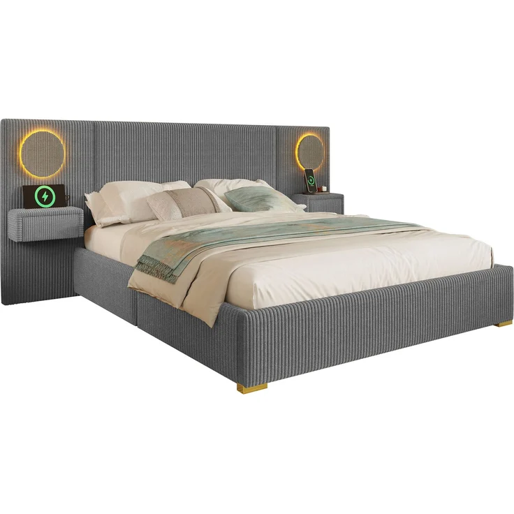 U-life Samtstoff Polsterbett 180x200 cm, fürs Schlafzimmer, USB-Anschlüssen, Samt, Grau – Bild 5