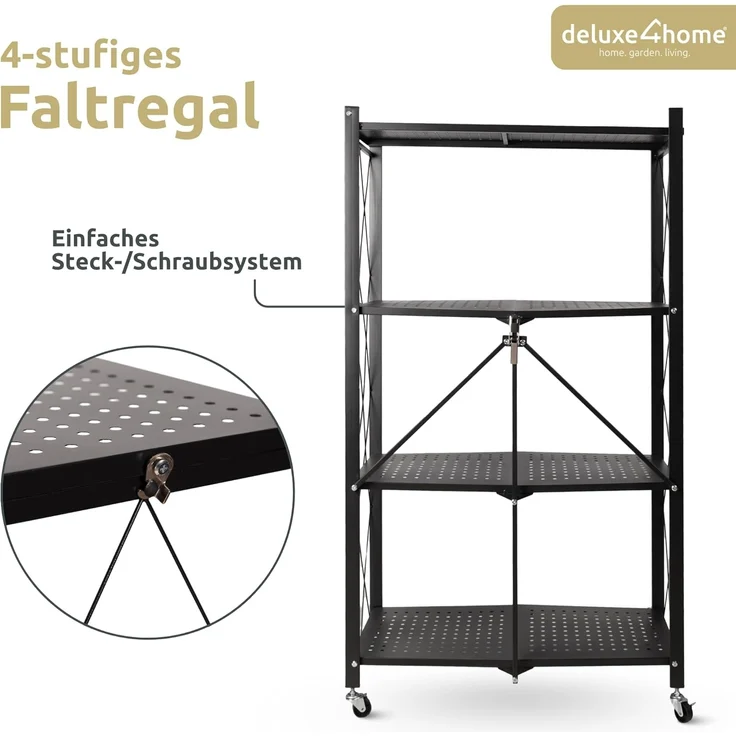deluxe4home Mehrzweckregal Klappregal rollbar in schwarz I Rollregal klappbar Küchenregal, Faltregal mit Rollen – Bild 6