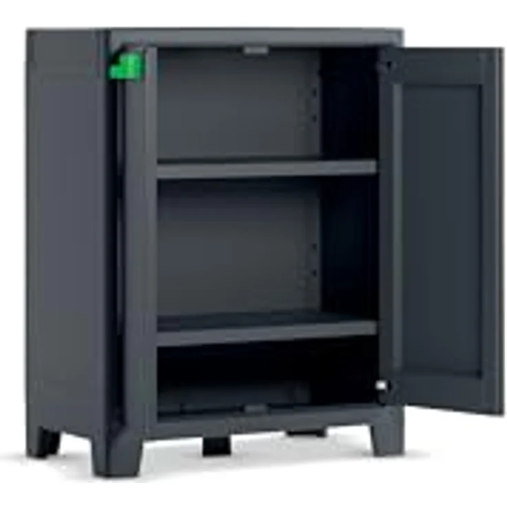Keter Moby Kunststoffschrank, niedrig anthrazit/grün/grau, 80 x 44 x 100 cm, inklusiv 2 höhenverstellbaren Böden mit je 30kg Tragkraft, für drinnen und draußen geeignet UV- und wasserbeständig (IPX3) – Bild 5