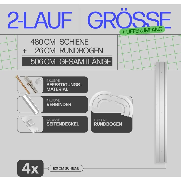 Bestlivings Gardinenschiene ( Weiß ) 480cm (4x120 cm) 2-läufig + 2er Set Rundbogen – Bild 3