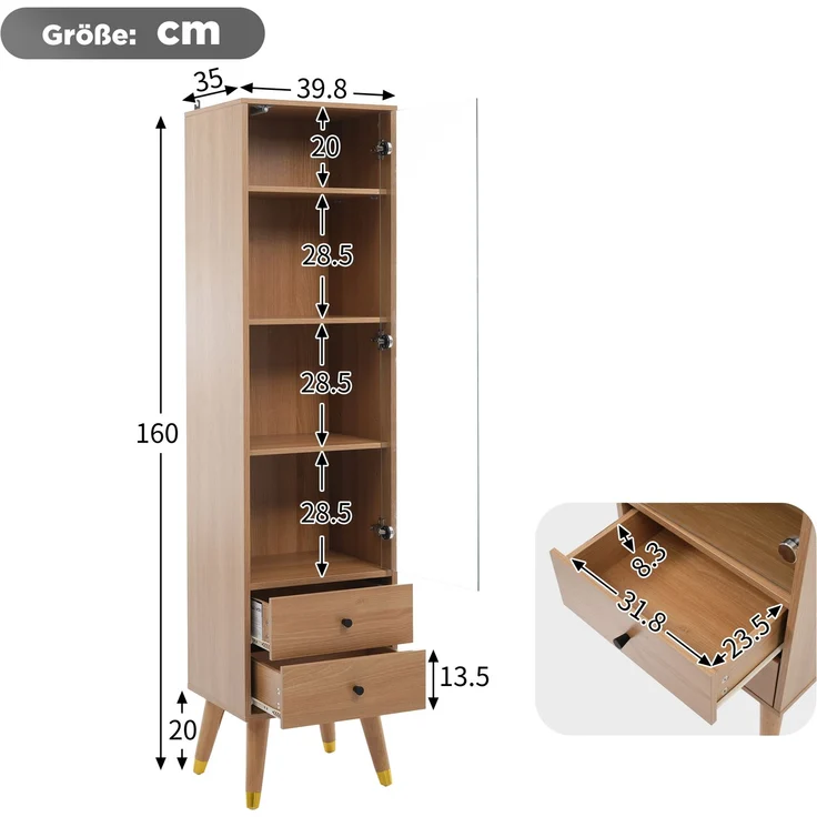 Moderner Hochschrank mit Glastür, Vitrinenschrank mit verstellbaren Regalen und 2 Schubladen, Standschrank für Wohnzimmer, Bad & Büro in Holz-Optik--Holz--39.8x35x160cm--YOUDENOVA – Bild 5