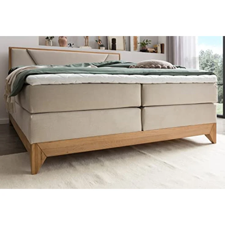 Belanoti Boxspringbett Riviera (Boxspringbett 180x200 Eiche 7-Zonen Taschenfederkern Matratze inkl, Visco Topper Bett 180x200 in der Farbe Beige H2/H3 Polsterbett), Hotelbett mit Massivholz Eiche Massivholzbett – Bild 4