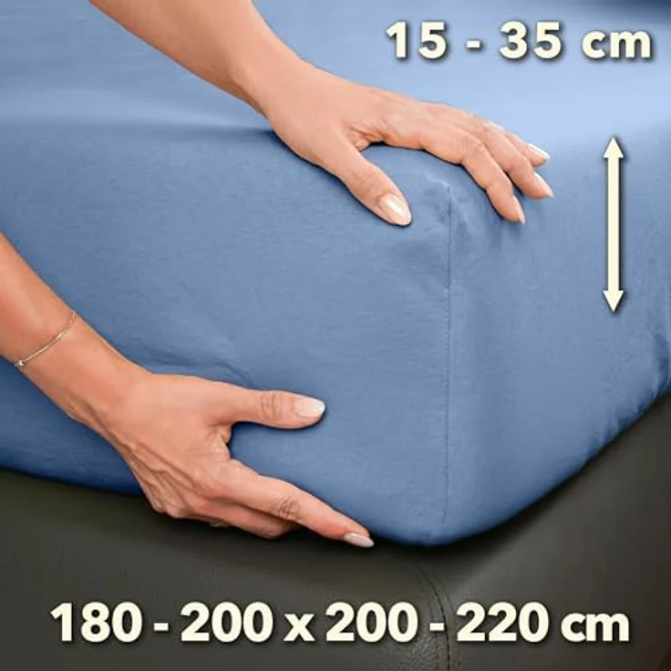 STUDIO Premium Spannbettlaken 180x200cm bis 200x220cm – Jersey-Spannbetttuch in Mittelblau, 97% Baumwolle & 3% Elastan, bügelfrei für Matratzenhöhen bis 35cm – Bild 3