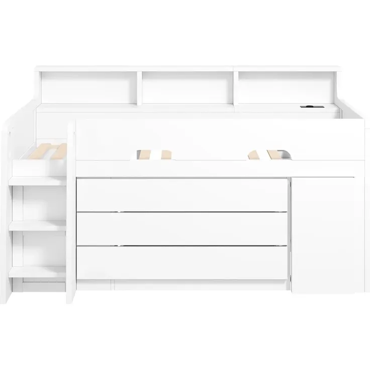 Hochbett mit Schreibtisch, Stauraum, LED-Streifen, Lattenrost, Regalen, Schubladen, Rausfallschutz, USB und Leiter, 90x200 cm, Kinderbett, Kiefer – Bild 8