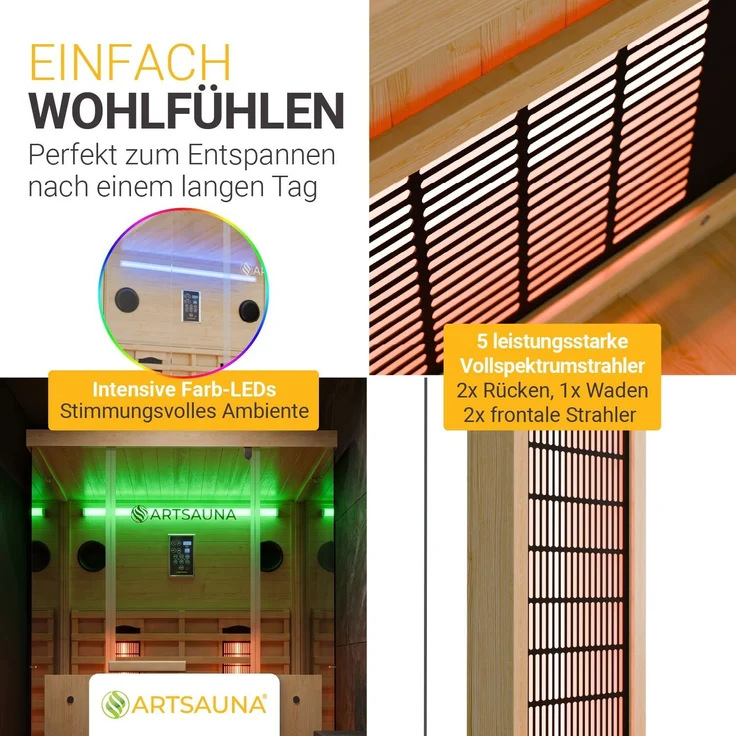 Artsauna Infrarotkabine Göteborg 120 – Natur, Wärmekabine mit Vollspektrumstrahlern, Hemlockholz & Sicherheitsglas, LED-Beleuchtung – Bild 4