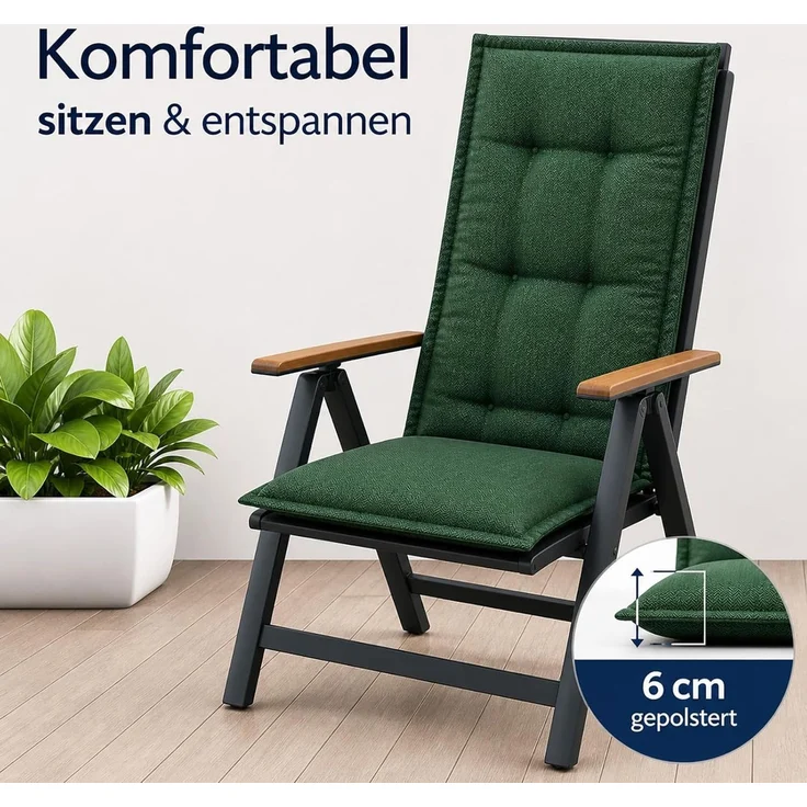 BURI 4x Auflagen Set Hochlehner für Gartenstühle 120x48x7cm Sesselauflagen Polster UV Lichtecht - Gartenstuhlauflagen Stuhlkissen mit Dicker Schaumstoff Füllung (Dunkelgrün) – Bild 4