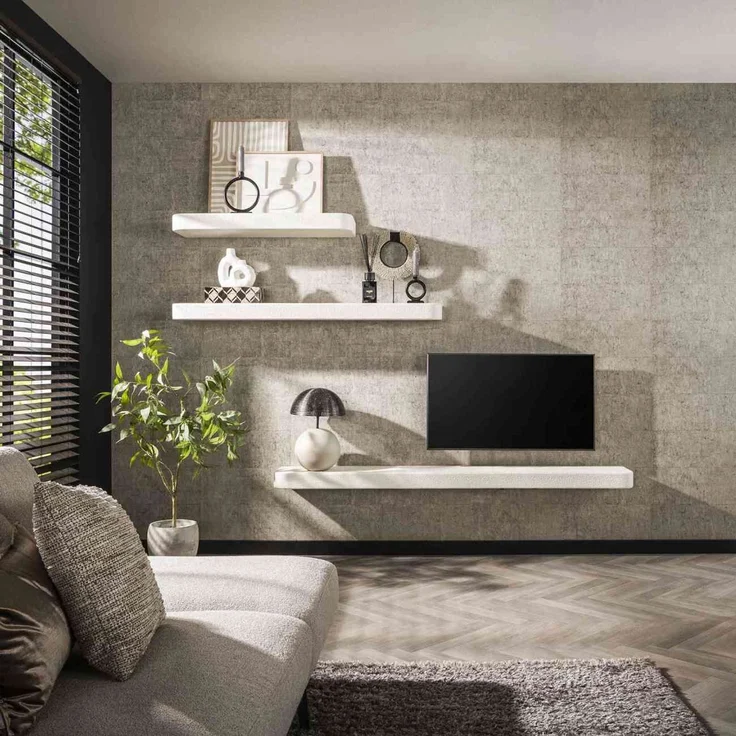 Wandregal Marbre aus cremeweißem Marmor-Komposit, modern, 100 cm, Lamellen-Design – Bild 2