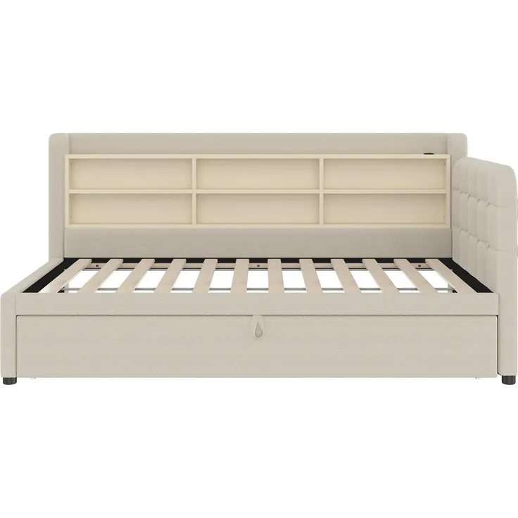 Stauraumbett mit Lattenrost, Regal, USB und Type-C Anschluss, 90x200cm/180x200cm, Liegefläche erweiterbar, Einzelbett, Polsterbett, Leinen – Bild 9