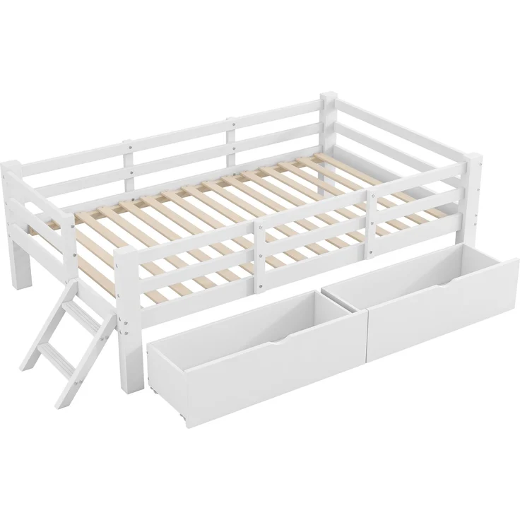 U-life Holz-Plattformbett 90x200 cm mit Schutzgeländer und 2 Schubladen, Weiß – Bild 2