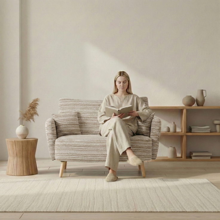 LVHOM 2-Sitzer Sofa mit Seitentaschen, Polstersofa aus Bouclé-Stoff, Loveseat 120cm mit Zierkissen, für kleinere Räume, Büro, Schlafzimmer, Khaki
