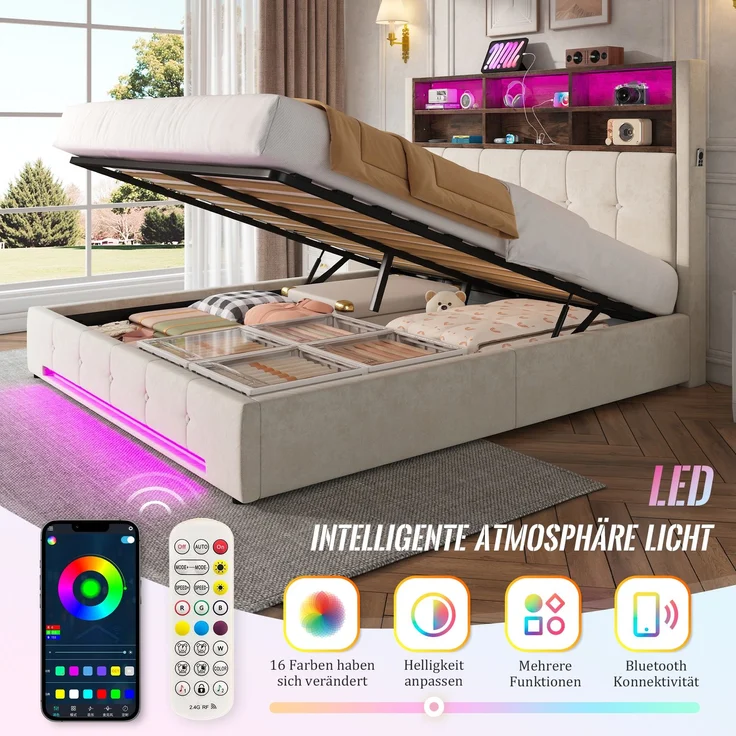 TavilaEcon Polsterbett mit Bettkasten und USB-C-Anschluss beige Liegefläche 160 × 200 cm – Bild 3