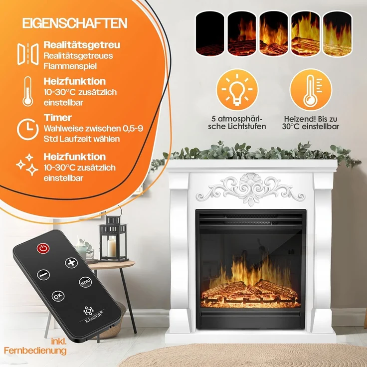 KESSER® Elektrokamin Standkamin - Kamin elektrisch mit LED 3D-Flammeneffekt, Mit Heizung Heizfunktion, Elektro Kamin mit 1800W Leistung, Wochentimer, Thermostat, Fernbedienung, dimmbar Villa / Weiß – Bild 2