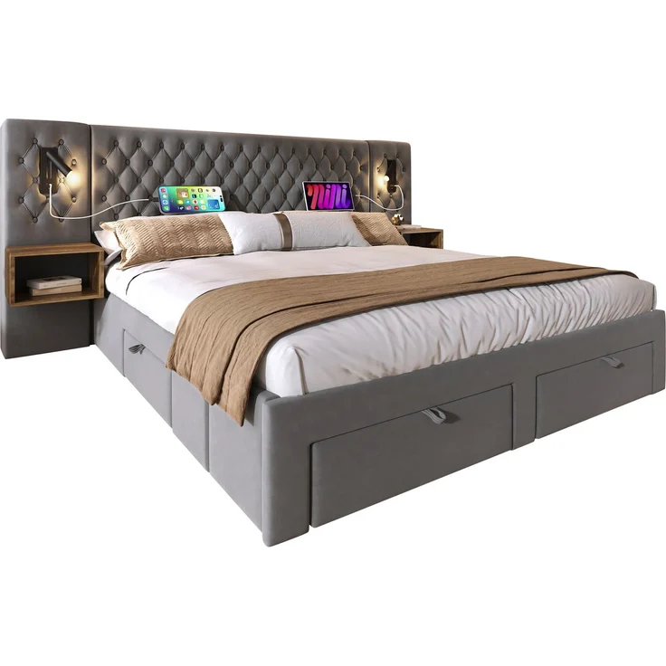 Bettanlage Schlafzimmer Komplett Set, Polsterbett Doppelbett 180×200 cm mit 2 Nachttischen und 4 Schubladen, Kopfteil Leselicht mit USB Ladefunkt – Bild 8