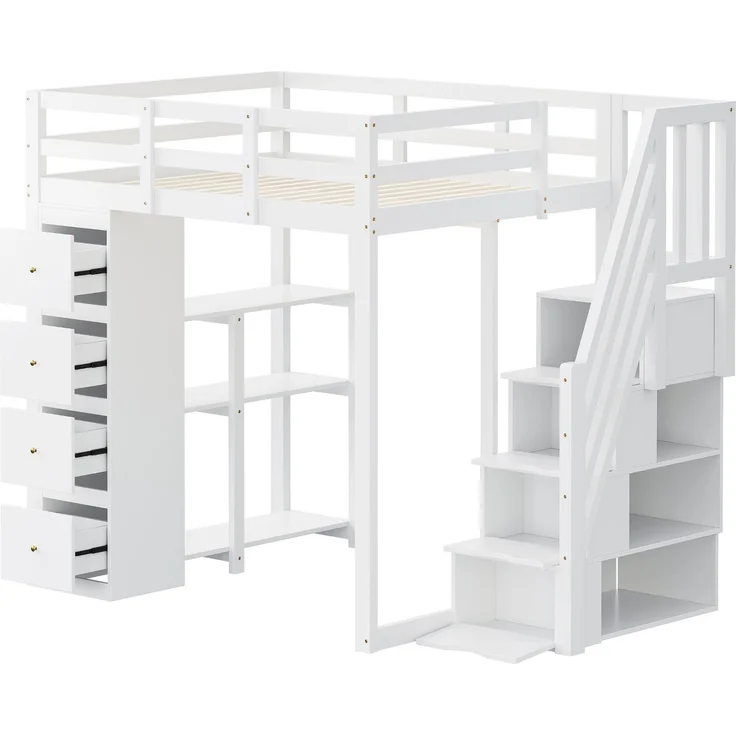 Kinder Hochbett aus Massivholz 140x200 cm mit Sicherheitsleiter, Schubladen & Regal – Stauraumbett, Jugendzimmer,weiß – Bild 7