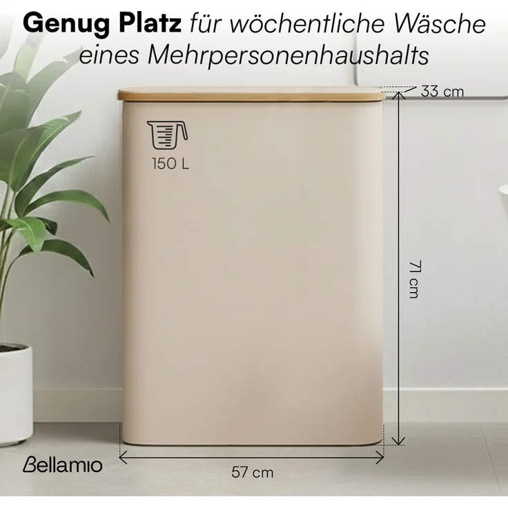 Bellamio 'Tolt' Wäschesammler aus Stoff mit Bambus, mit Deckel, 150L, drei Fächer, mit herausnehmbaren und waschbarem Wäschesack, zusammenklappbar, beige – Bild 7