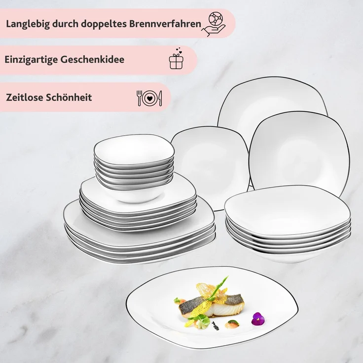 SÄNGER Porzellan Geschirrset Bilgola Black Rim, Tafelservice 24 teilig für 6 Personen – Bild 5