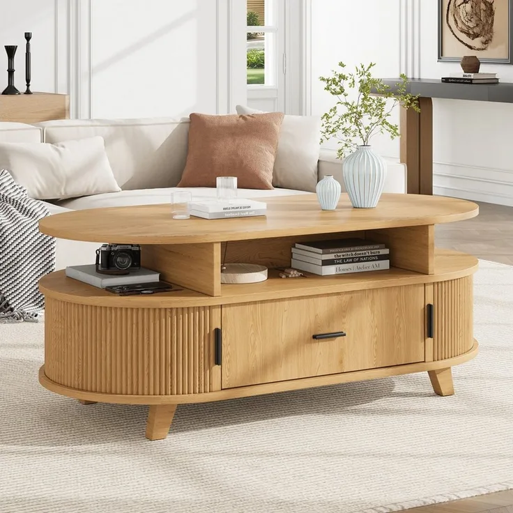 Merax Couchtisch mit 1 Schublade, 2 Rolltüren, 4 Holzbeine, offenen Fächern & Stauraum (100 x 50 x 40 cm, 1-St), Wohnzimmertisch Sofatisch mit vertikale Riffeloptik, abgerundete Ecken
